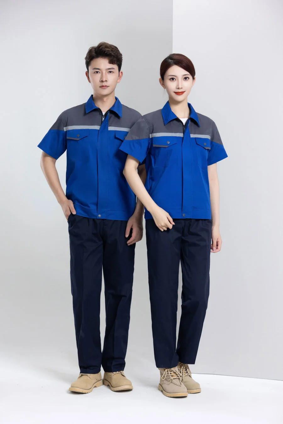蓝灰拼接短袖工作服套装参考